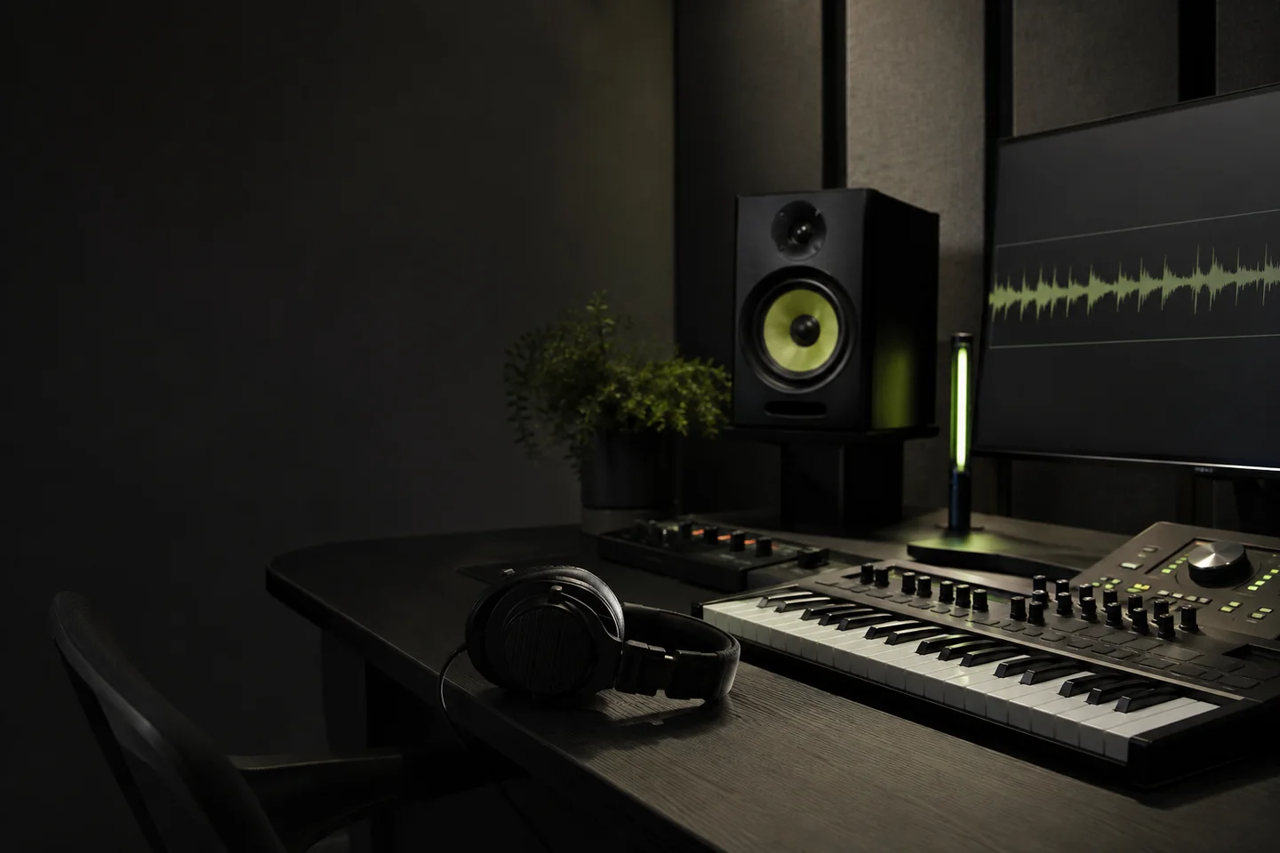 Professional song and music production workspace with a MIDI keyboard, headphones, monitor speaker, and audio waveform